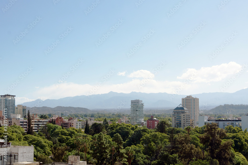 Skyline of Mendoza City And Andes Mountain Range on Background