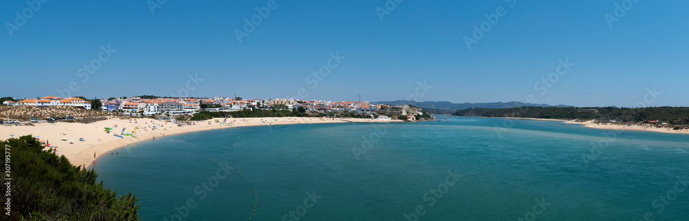 Panoramic view of the village of Vila Nova de Mil Fontes with the beach and the Mira River mouth in Alentejo, Portugal
