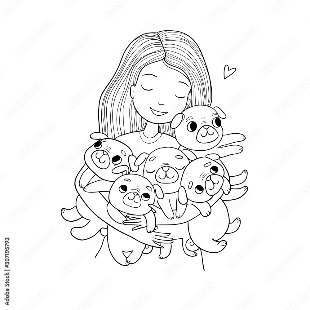 Girl with funny cute pugs. Cartoon cheerful dogs. five puppies. Girl with funny cute pugs. Cartoon cheerful dogs. five puppies.