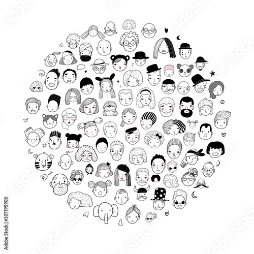 Pattern with graphical faces. Vector illustration. Set of people icons