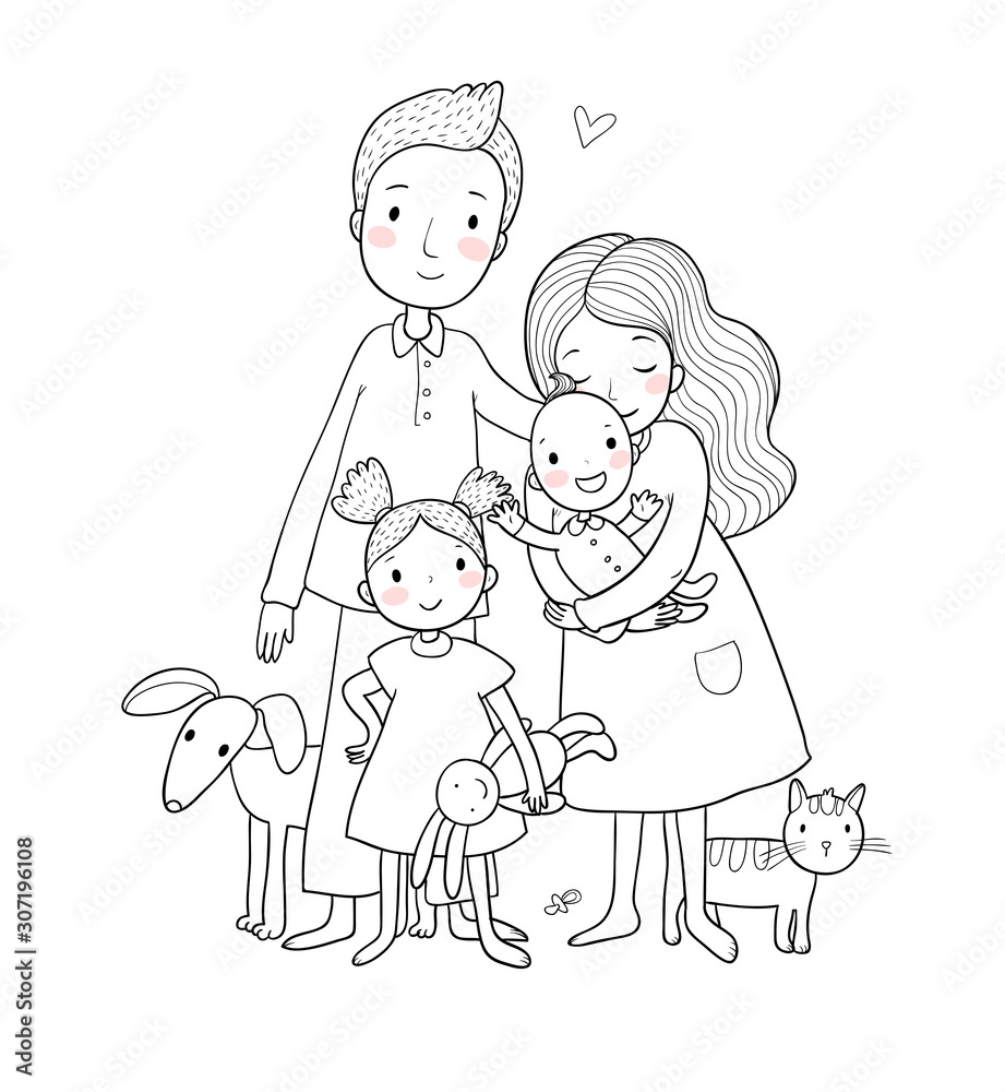 A happy family. Parents with children. Cute cartoon dad, mom, daughter, son and baby. Funny pet cat and dog A happy family. Parents with children. Cute cartoon dad, mom, daughter, son and baby. Funny pet cat and dog