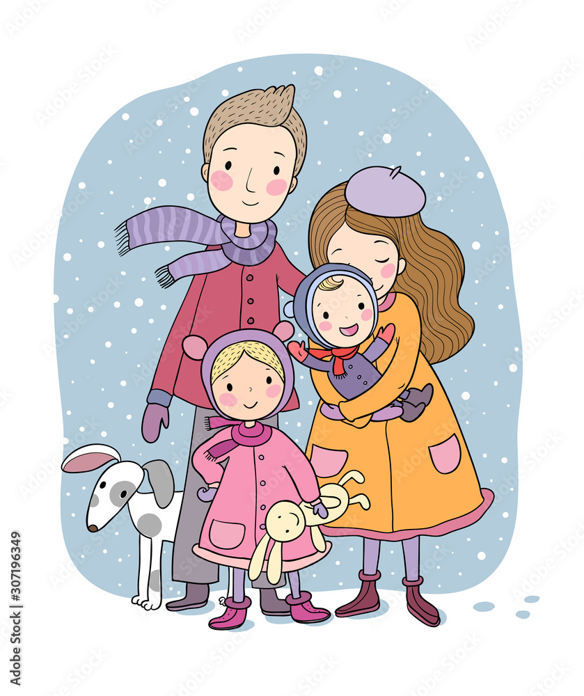 A happy family. Parents with children. Cute cartoon dad, mom, daughter, son and baby. Funny pet cat and dog A happy family. Parents with children. Cute cartoon dad, mom, daughter, son and baby. Funny pet cat and dog