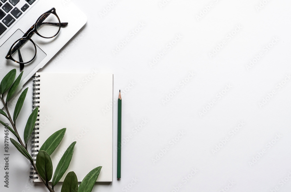 Flat lay, top view office table desk. Workspace with nootbook, blank notebook and pencil, green leaf on white background. Flat lay, top view office table desk. Workspace with nootbook, blank notebook and pencil, green leaf on white background.