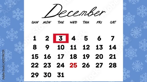 calendar, month of December.the calendar moves the days of the month of December in turn.animated video