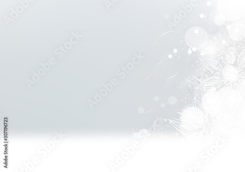 White feather, snowing on the floor with stars sparkle, light Bokeh, winter silver background, celebration holiday abstract vector illustration