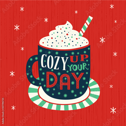 Hot cocoa mug whipped cream flat vector icon
