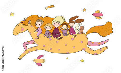 Little Prince. Cute cartoon boy in a crown flies on a pony. Cheerful hare, sheep and chicken