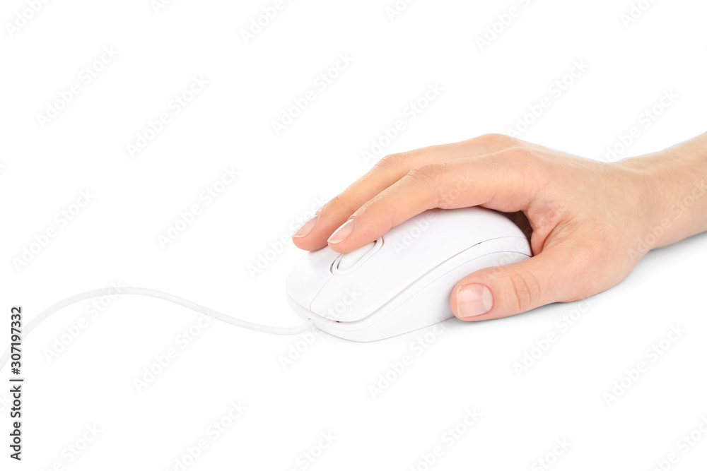 Woman using modern wired optical mouse isolated on white, closeup Woman using modern wired optical mouse isolated on white, closeup