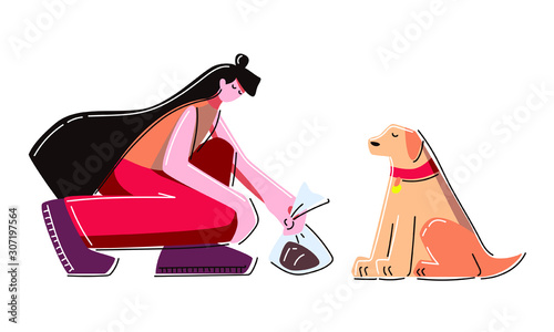 Girl cleans feces after her dog. The mistress takes care of the pet. Vector illustration on isolated background