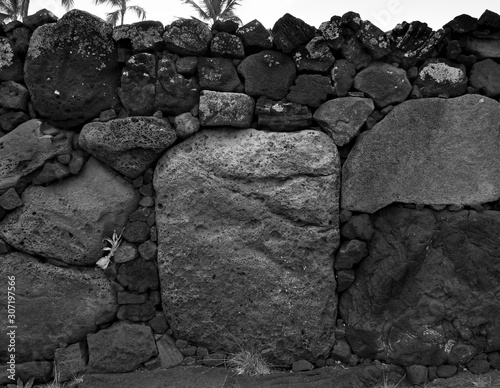 Ancient hand built lava rock wall in Hawaii