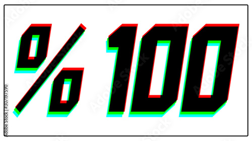 %100 Discount text. Dynamic, split-color design and unique font, shadow of  number blue, green, red. in black thin frame and on white background. 