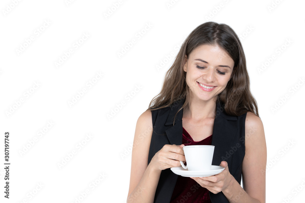 Business woman drink coffee, hold white coffee cup. White background. Isolated. Business woman drink coffee, hold white coffee cup. White background. Isolated.