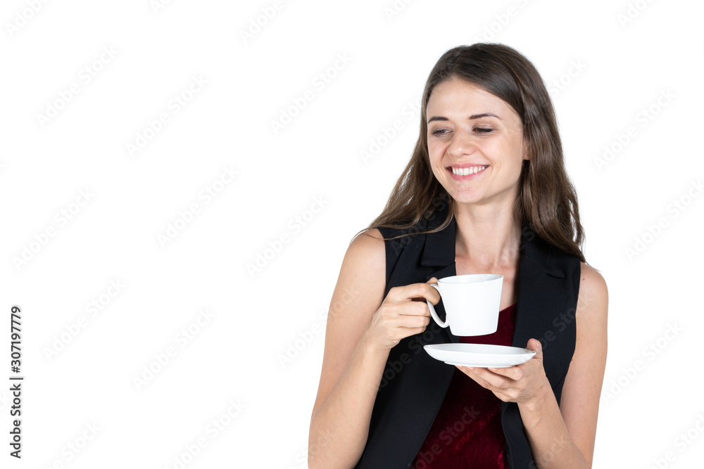 Business woman drink coffee, hold white coffee cup. White background. Isolated. Business woman drink coffee, hold white coffee cup. White background. Isolated.