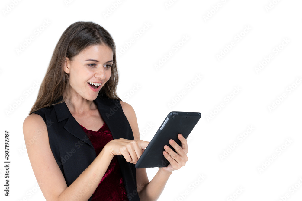 attractive and smiling woman using digital tablet isolated on white background attractive and smiling woman using digital tablet isolated on white background