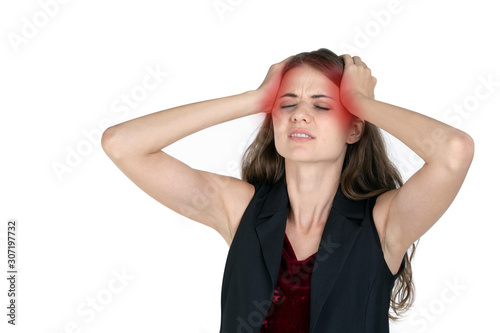 American caucasian woman has a headache. Pain, red point effect.