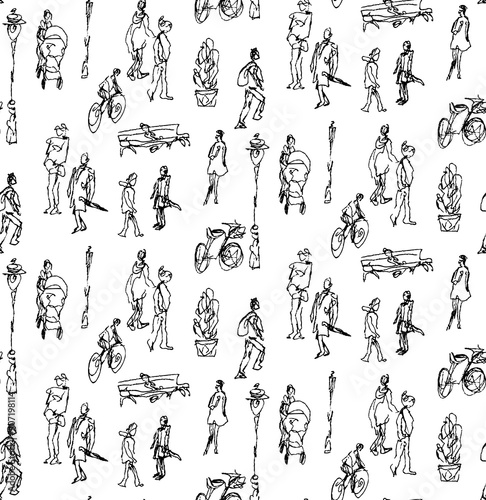 Seamless pattern made of hand drawn sketched elements, people, bicycle, lantern, bench. Urban background, walking area
