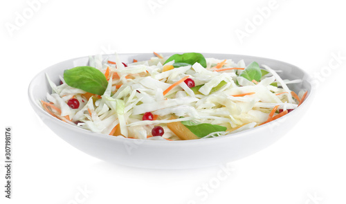 Fresh cabbage salad in bowl isolated on white