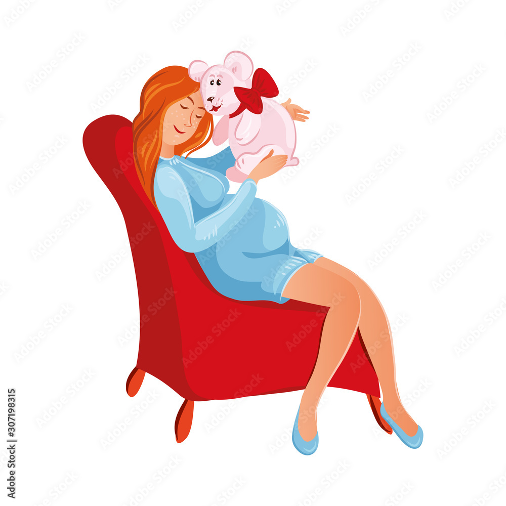 Cute pregnant woman sitting on the red armchair with a teddy bear toy in her hands. Vector colorful illustration in cartoon style Cute pregnant woman sitting on the red armchair with a teddy bear toy in her hands. Vector colorful illustration in cartoon style