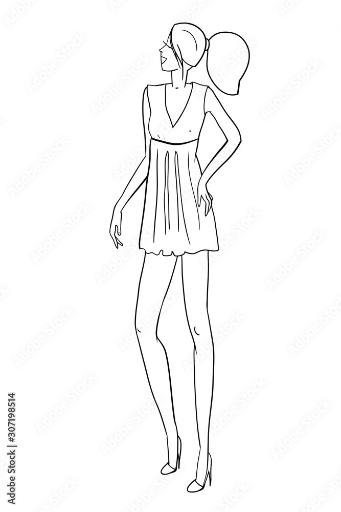 Beautiful thin girl in a short dress with high heels, with hair pulled down in a ponytail, linear drawing, fashion illustration, raster copy
