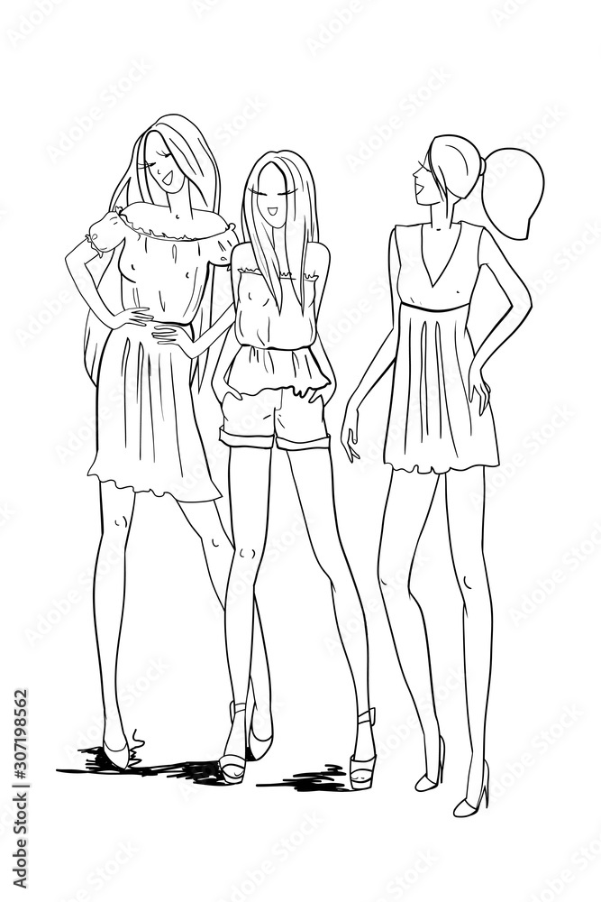 Young beautiful girls in light summer clothes, with long hair, posing for shooting, smiling, hand-drawn fashion vector illustration, outline drawing