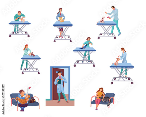 Set of veterinary doctors examining different animals in vet clinic. Vector colorful illustration in cartoon style
