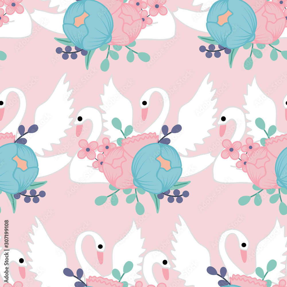 seamless pattern with swans and flower bouquet