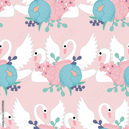 seamless pattern with swans and flower bouquet