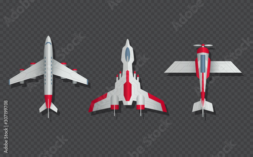 Airplanes and military aircraft top view. 3d airliner and fighter vector icons. Airplane top view, air transport model illustration