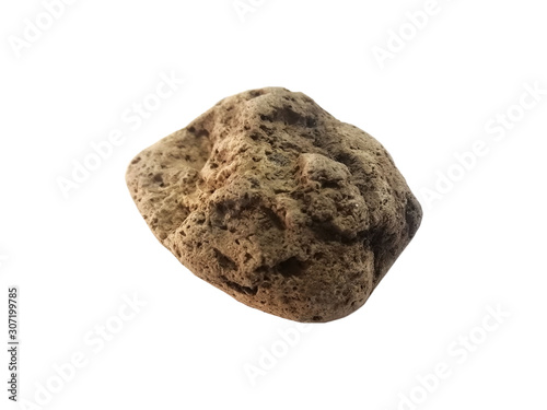Pumice stone isolated on white background. Pumice is an extrusive igneous rock with a vesicular texture and very low specific gravity. There is noise and grain caused by the texture of the stone. 
