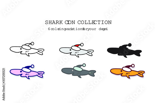 Shark with Christmas had - hand-drawn line icon set with many coloring options. Isolated stock vector on white background, black, pink, blue, yellow lines. Doodle for prints, mugs, postcards, t shirt