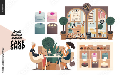Cake shop, cakes on demand - small business graphics - set -modern flat vector concept illustrations - a seller filling in the demand form a customer sitting in the armchairs, showcase, shop facade