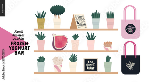 Frozen yoghurt bar - small business graphics - interior elements -modern flat vector concept illustrations - shelves with plants in pots, menu, fig, caption, branded tote bags