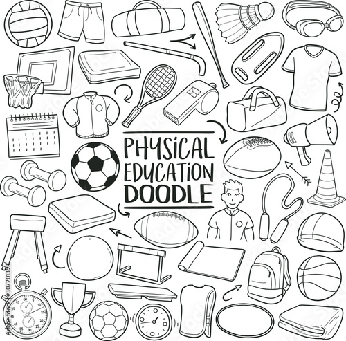 Phisical Education Subject. Traditional Doodle Icons. Sketch Hand Made Design Vector Art.