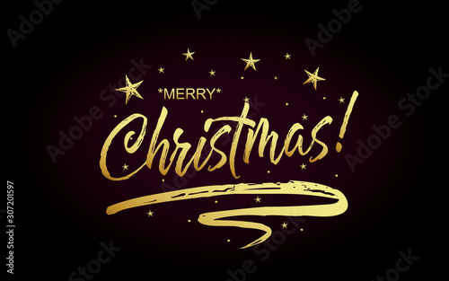 Merry Christmas card, banner. Beautiful greeting poster with calligraphy gold text word ribbon star. Hand drawn design elements. Handwritten modern brush lettering on black background isolated vector