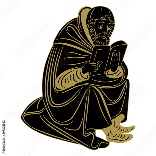 Isolated vector illustration. Seated medieval man reading a book or bible. Illuminated manuscript motif. Black and gold silhouette.	