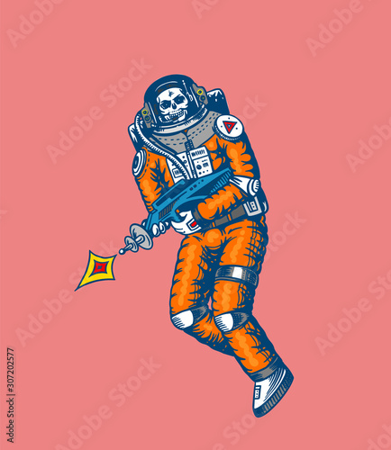 Soaring Spaceman. Skeleton with space weapons. Astronaut in the solar system. Engraved hand drawn Old sketch in vintage style.