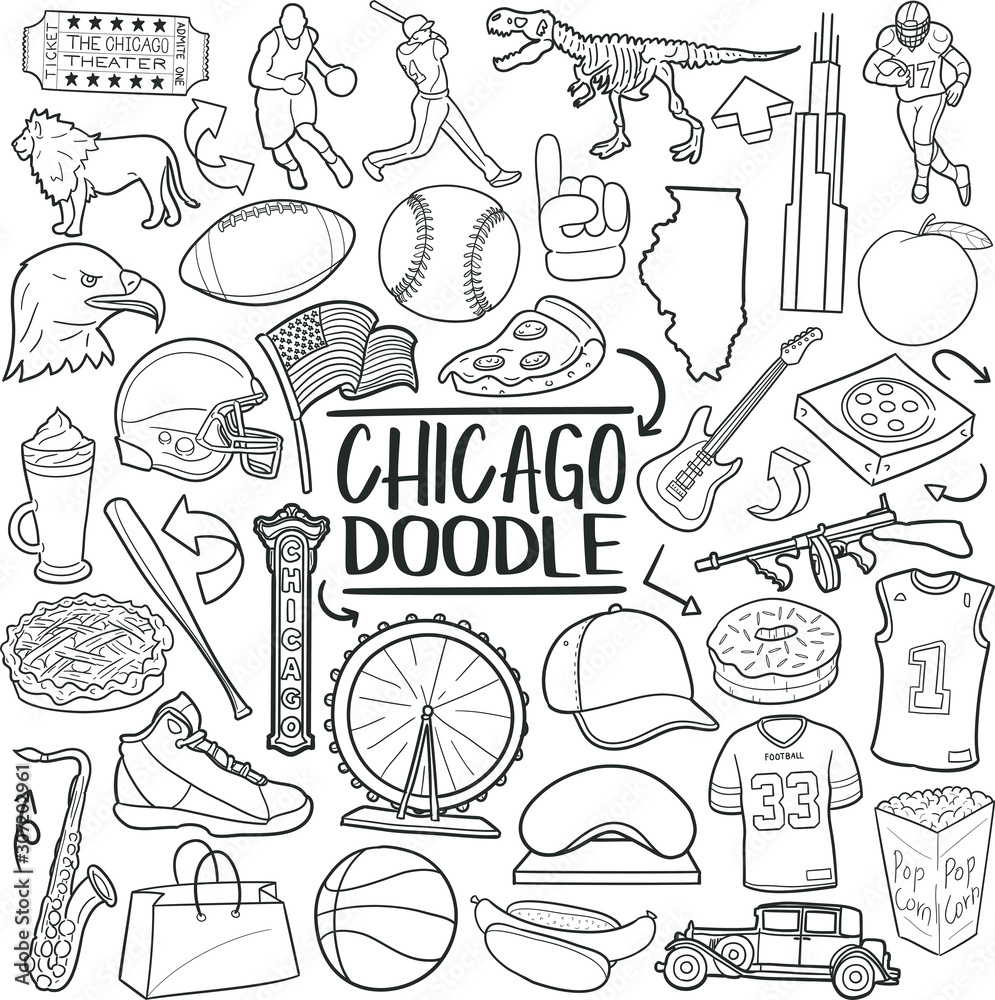 Obraz premium Chicago Illinois Travel. Tourism Set Famous City. Traditional Doodle Icons Sketch Hand Made Design Vector.