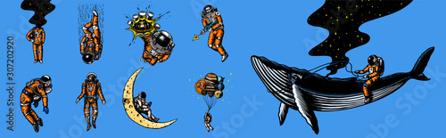 Set of astronauts in the solar system. Funny Spaceman and whale, taking off cosmonaut, planets in space, balloons and the moon. Engraved hand drawn Old sketch in vintage style. Vector illustration.