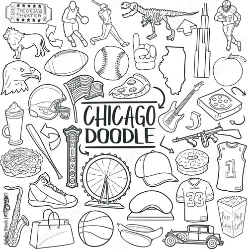 Chicago Illinois Travel. Tourism Set Famous City. Traditional Doodle Icons Sketch Hand Made Design Vector. 