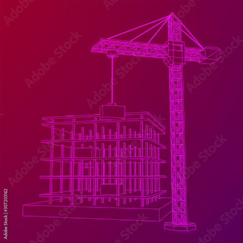 Building under construction with crane. Build house construct in process. Wireframe low poly mesh vector illustration