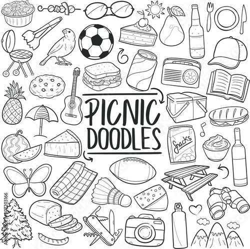 Picnic Recreation Nature. Family and Friends Camper Dinner. Traditional Doodle Icons Sketch Hand Made Design Vector. 