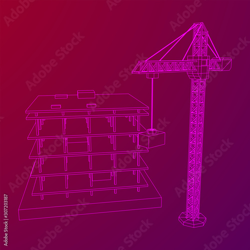 Building under construction with crane. Build house construct in process. Wireframe low poly mesh vector illustration