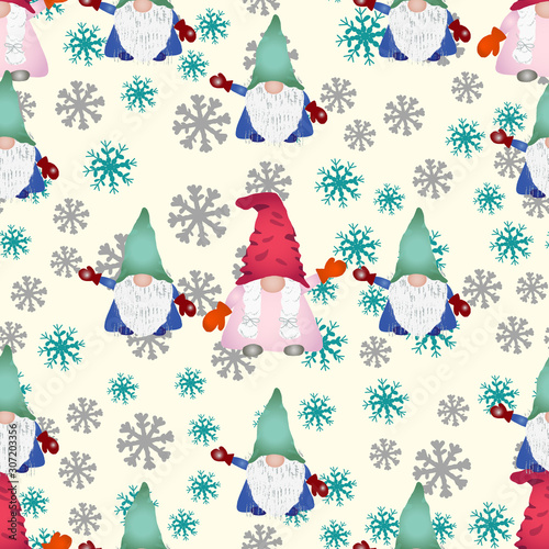 Christmas scandinavian gnomes seamless pattern on light blue.
