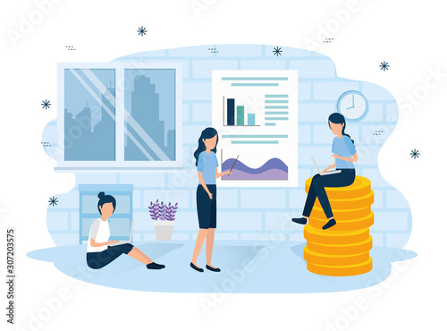 Workflow and businesswomen design, Infographic data information business analytics and visual presentation theme Vector illustration