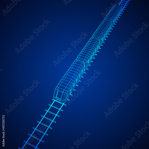 Modern high speed train on straight rails. Railway wireframe low poly mesh vector illustration