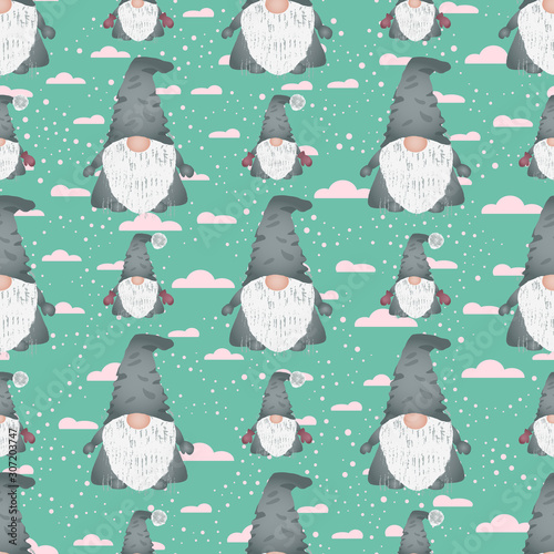 Christmas scandinavian gnomes seamless pattern on turquoise.