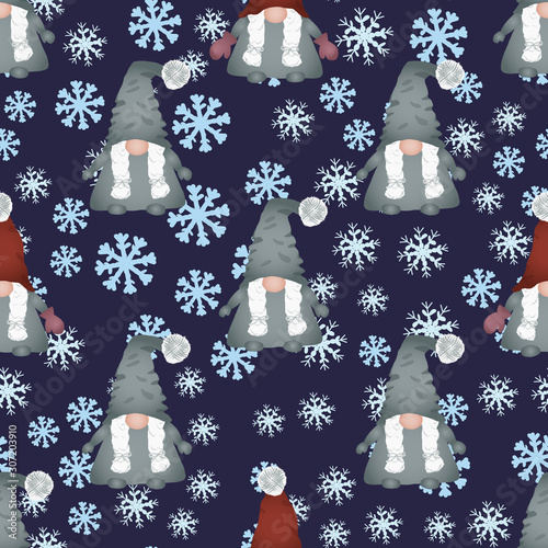 Christmas scandinavian gnomes seamless pattern on blue.