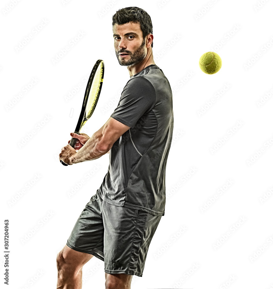 one caucasian mature tennis player man backhand in studio isolated on white background