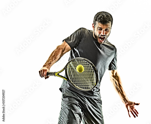 one caucasian mature tennis player man backhand portrait waist up in studio isolated on white background photo