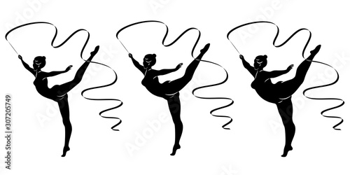 Collection. Silhouette of a cute lady, she is engaged in rhythmic gymnastics with a ribbon. The woman is overweight and slender girl athlete. Vector illustration set